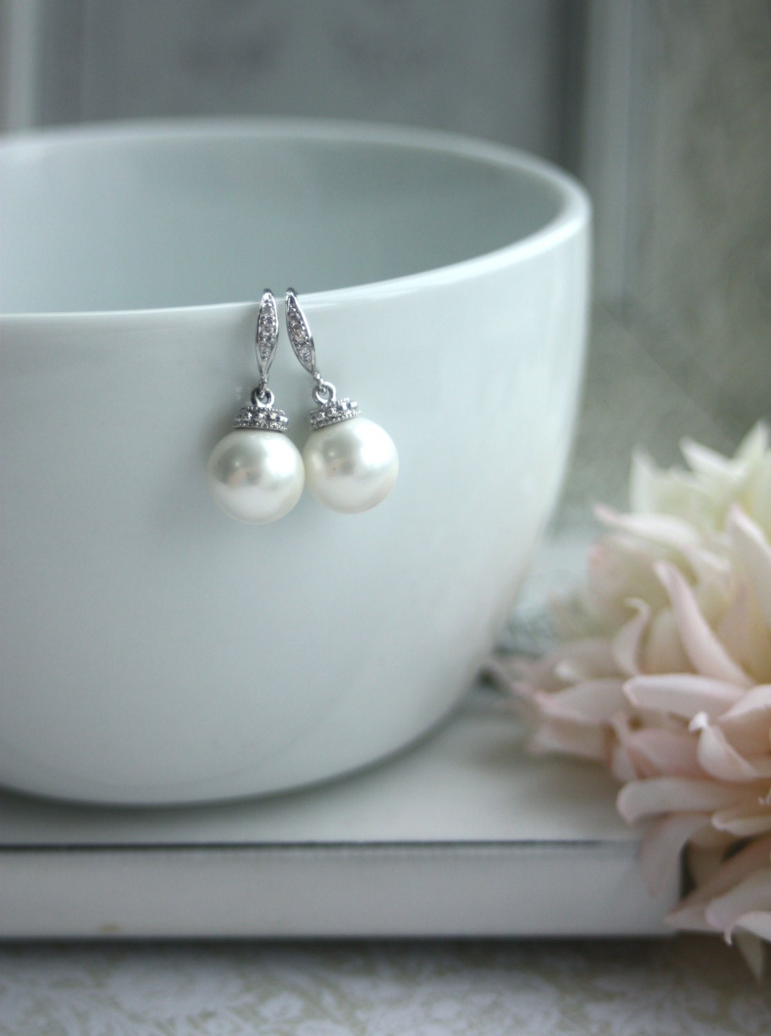 Bridal Wedding Earrings, Round Cubic Zirconia White SHELL Earrings, Bridal Jewelry, Bridesmaid Gift, Maid Of Honor