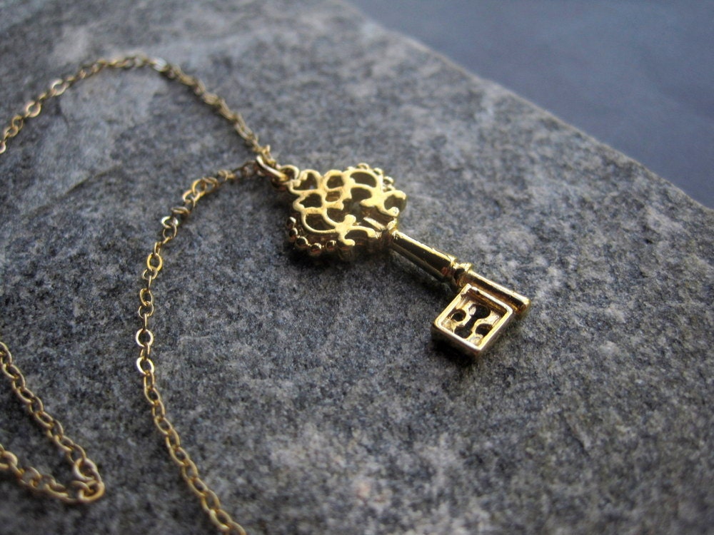 Gold Skeleton Key Necklace - Vermeil Skeleton Key Necklace -  Skeleton Key Necklace - Key Jewelry