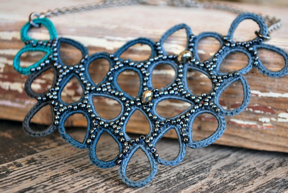 Crochet Necklace Dark Teal Bib Pyrite Gemstones and Gunmetal Glass Beads. Lightweight Jewelry.