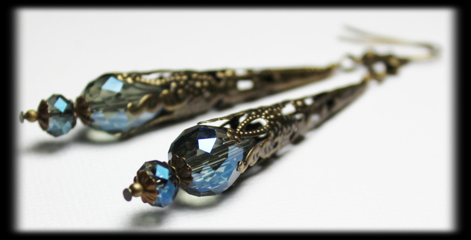 Handmade Jewelry Earrings Beaded Crystal Denim Blue Antique Brass Sparkly Long Lightweight Cones Filigree Metal Wires...Blue Morning