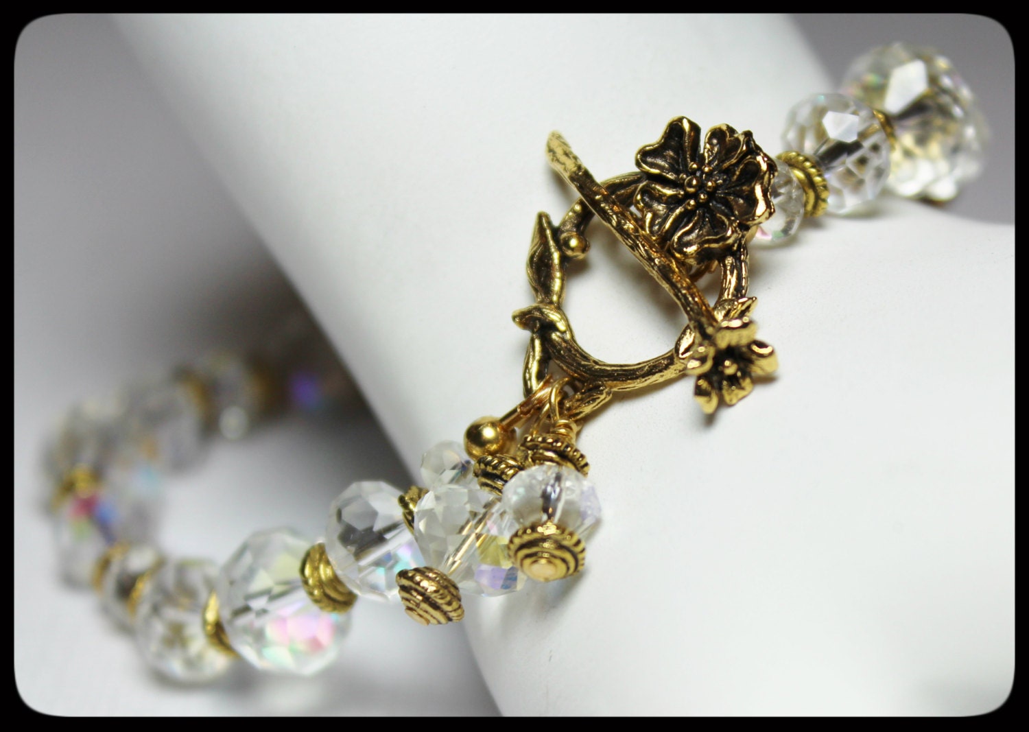 Handmade Jewelry Set Bracelet Earrings Beaded Antique Gold Clear Crystal Iridescent Bride Bridal Wedding Flower...Sparkle