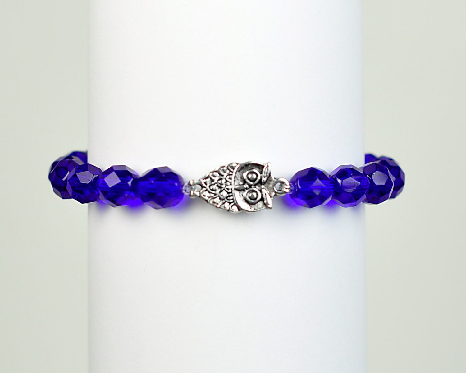 Owl Bracelet -  Cobalt Blue Bead Stretchy Bracelet