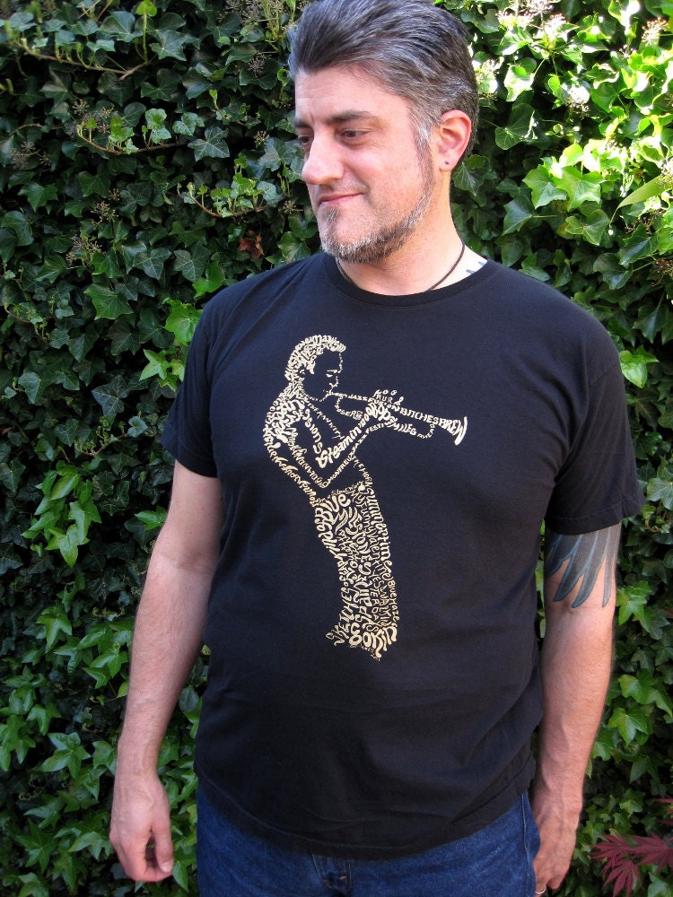 Unisex Miles Davis T Shirt with Typography Calligram, Customizable American Apparel T shirt, Jazz t shirt Sizes XS, S, M, L, XL