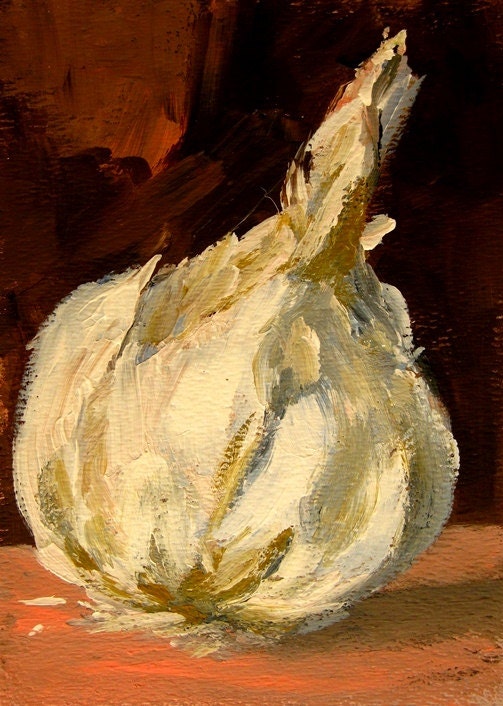 Art, Painting, still life,  kitchen decor, garlic, home decor, food, gift for her, white and brown,