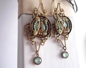 Earrings, Mosaic, Tribal, Beadwork, Turquoise, Crystal, Green, Topaz