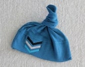 Organic Cotton Chevron Baby Hat - Blue Hat with Black, Grey and Turquoise