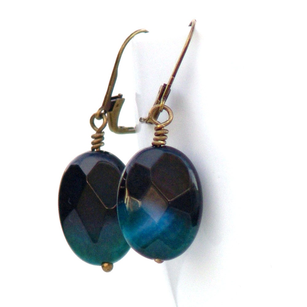 Stone Earrings Teal Crackle Agate - Faceted Dangle Leverback