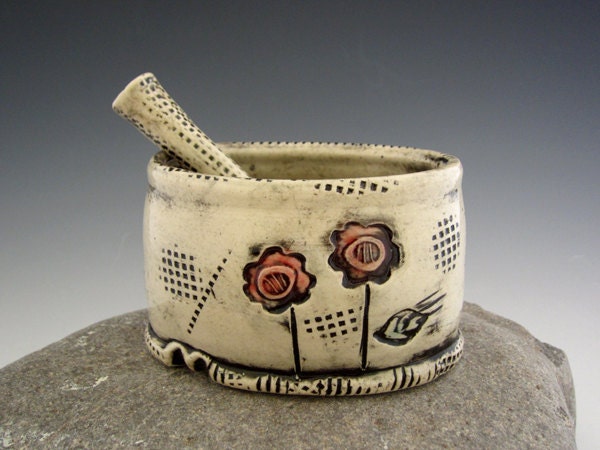Salt Cellar with Spoon - Black and White - Renaissance Roses - by DirtKicker Pottery