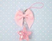 Kawaii Sweet Lolita Fairy Kei Accessory Bag Phone Charm Zipper Pull Pink Ribbon Bow Puffy Plastic Star Beads Inside Shaker Rattle