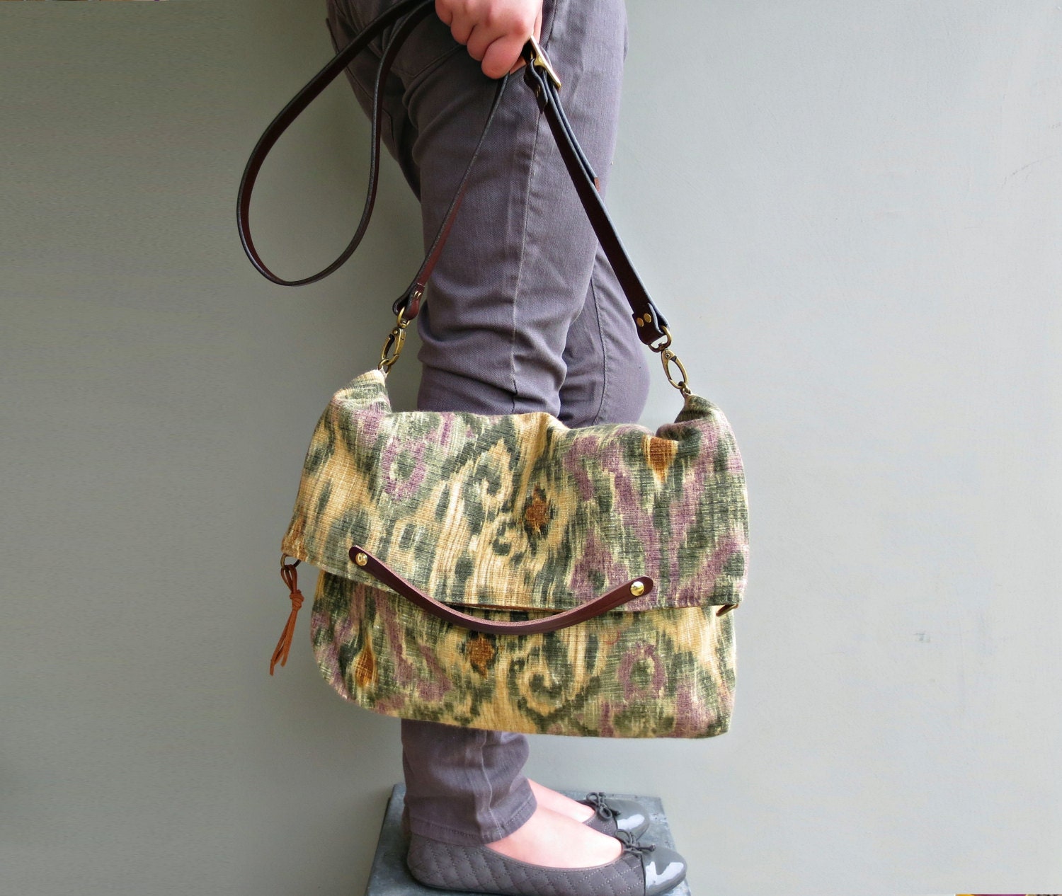 Ikat Messenger Bag - Southwest Crossbody Bag - Aztec Tote Bag - Southwestern Purse - Southwest Bag - Custom Length Leather Strap (no1)