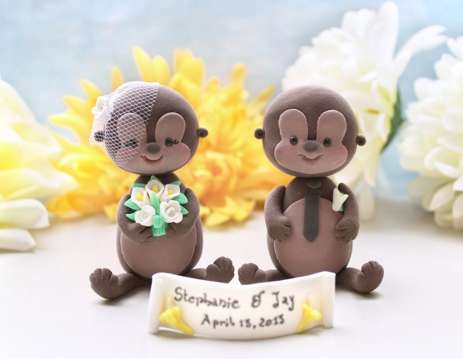 Monkey wedding cake toppers - cute custom funny bride and groom - with banner