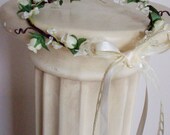 Bridal Hair Wreath, Wedding flower crown, ivory silk rosettes, shabby chic lace tie floral circlet, flower girl halo vine hairwreath