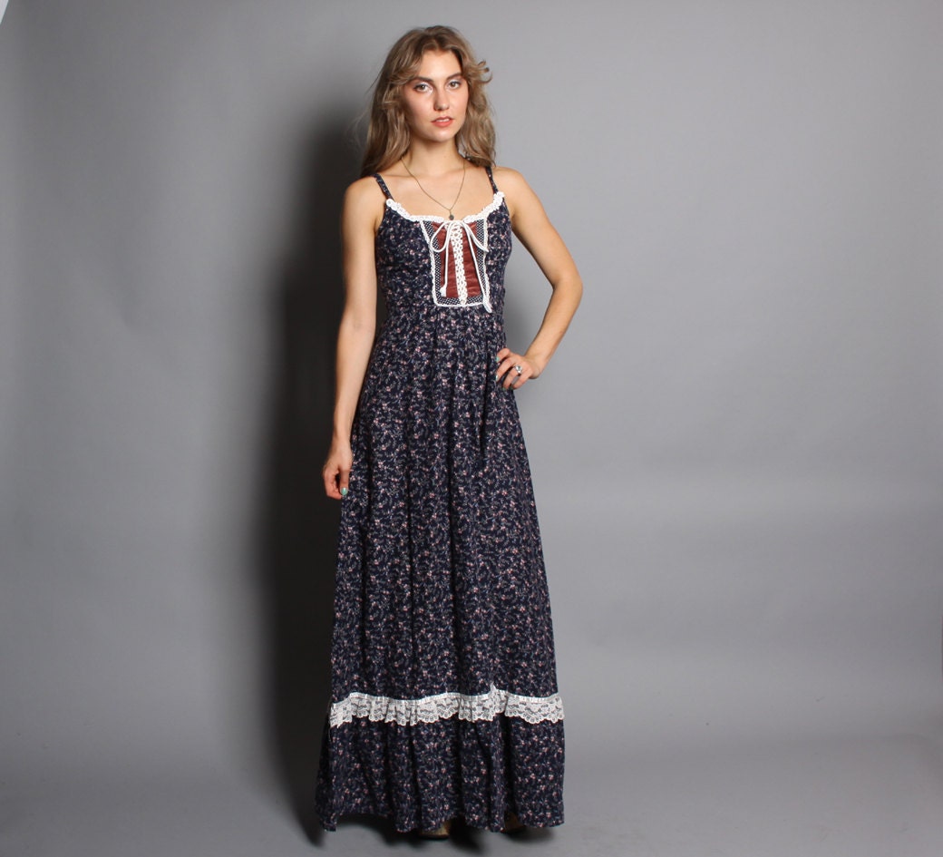 1970s GUNNE SAX Sun DRESS / Navy Floral Velvet Trim Corset Maxi, xs