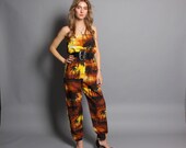 80s TROPICAL STRAPLESS JUMPSUIT / Hawaiian Sunset Print Romper, xs