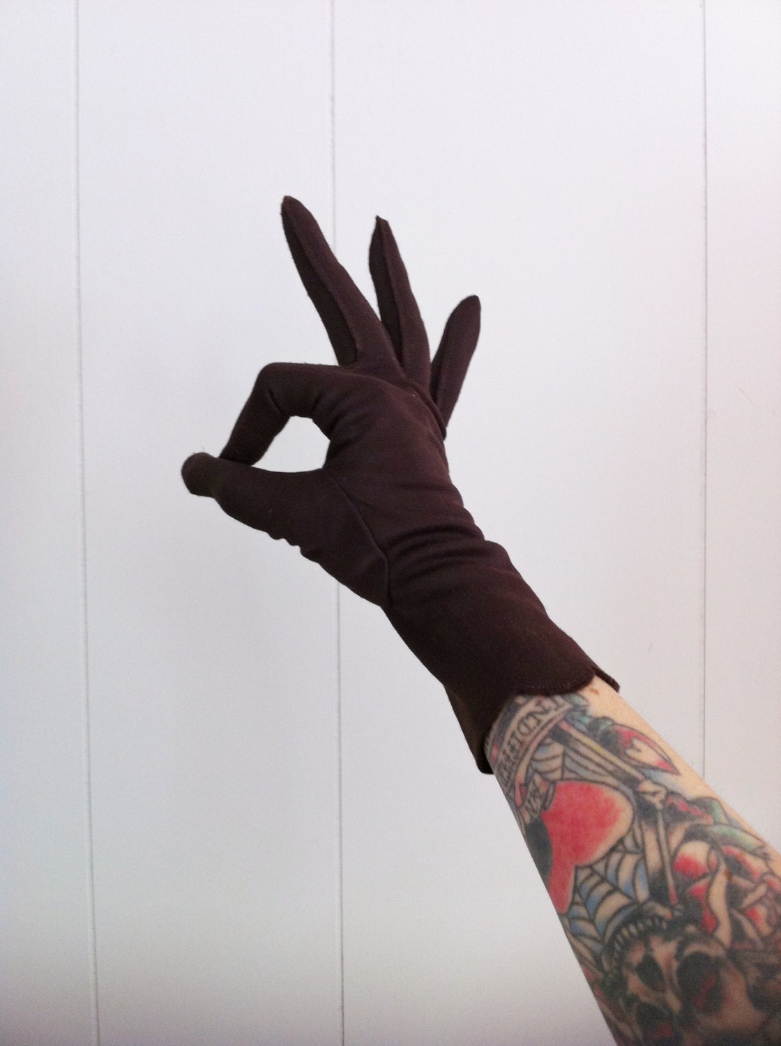 Vintage Brown Nylon Gloves with Scalloped Edges