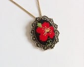 Vintage Needlepoint Necklace or Brooch Red Hibiscus Flower