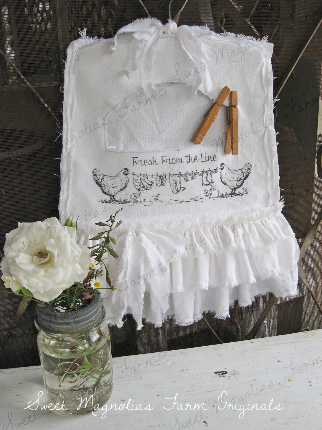Clothespin Bag - Farm Style - "Fresh From The Line" - White on White, Tattered Ruffles, Shabby Country, Farmhouse Chic