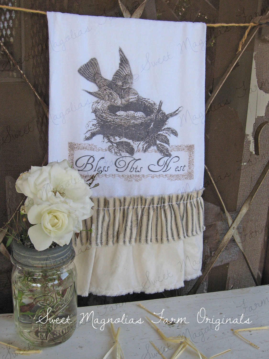Flour Sack Kitchen Towel..... Farmhouse Cottage Chic Country Style French Garden Ticking Ruffle Bird....."Bless Our Nest"