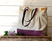 Grape / Purple  Leather WATER PROOF Best Seller Diaper bag / Messenger bag / Beach tote STOCKHOLM Gray and ecru nautical stripe - 10 Pockets