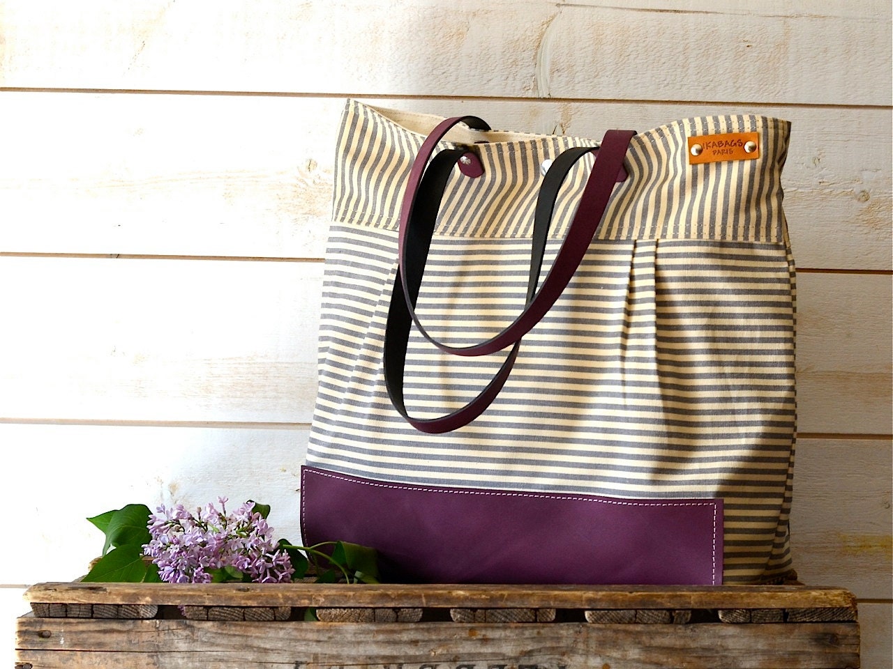 Grape / Purple Leather WATER PROOF Best Seller Diaper bag / Messenger bag / Beach tote STOCKHOLM Gray and ecru nautical stripe - 10 Pockets
