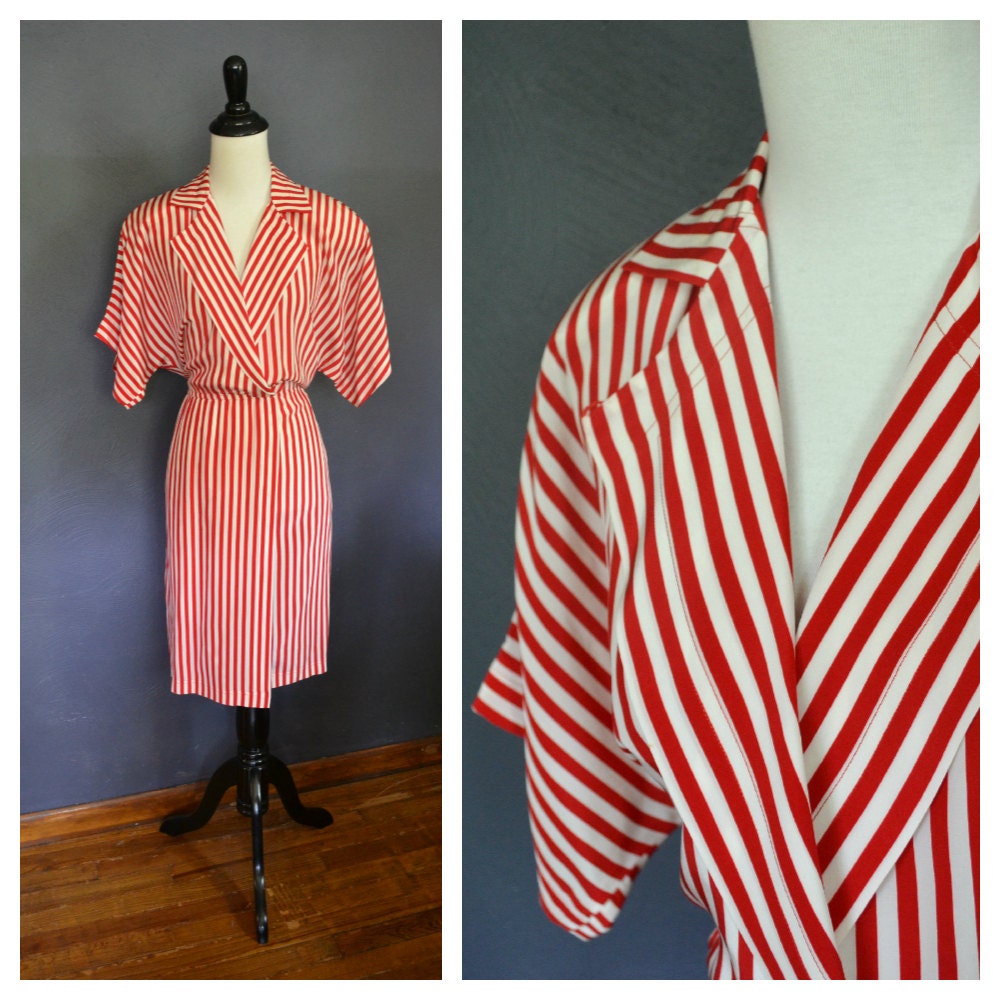 Vintage Red and White Stripe Silk Dress  / size medium