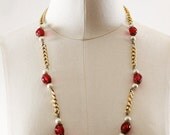 Vintage Red & White Bead Gold Chain Link Necklace