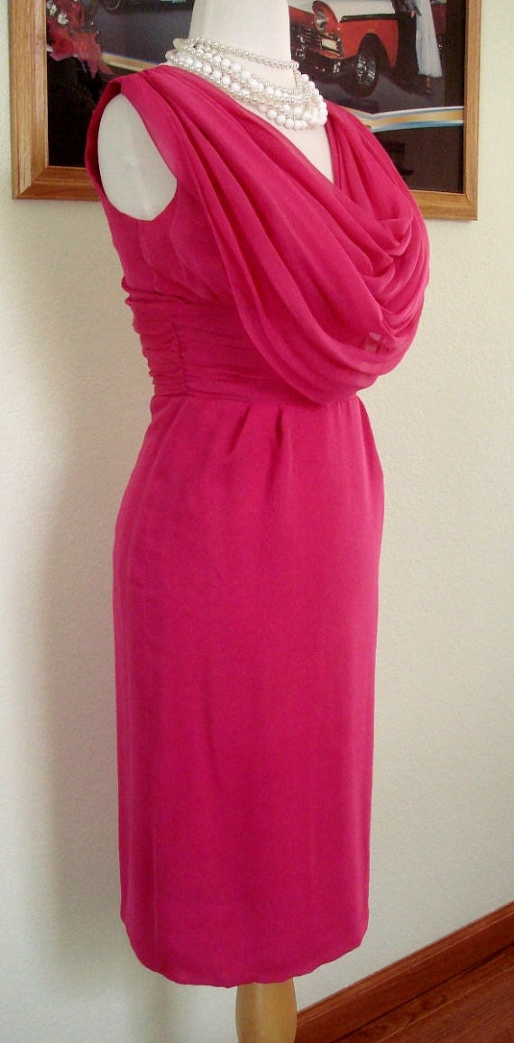 Sexy Baby 60s Miss Elliette California Pink Silk Wiggle Mad Men Cocktail Dress Cowl Collar