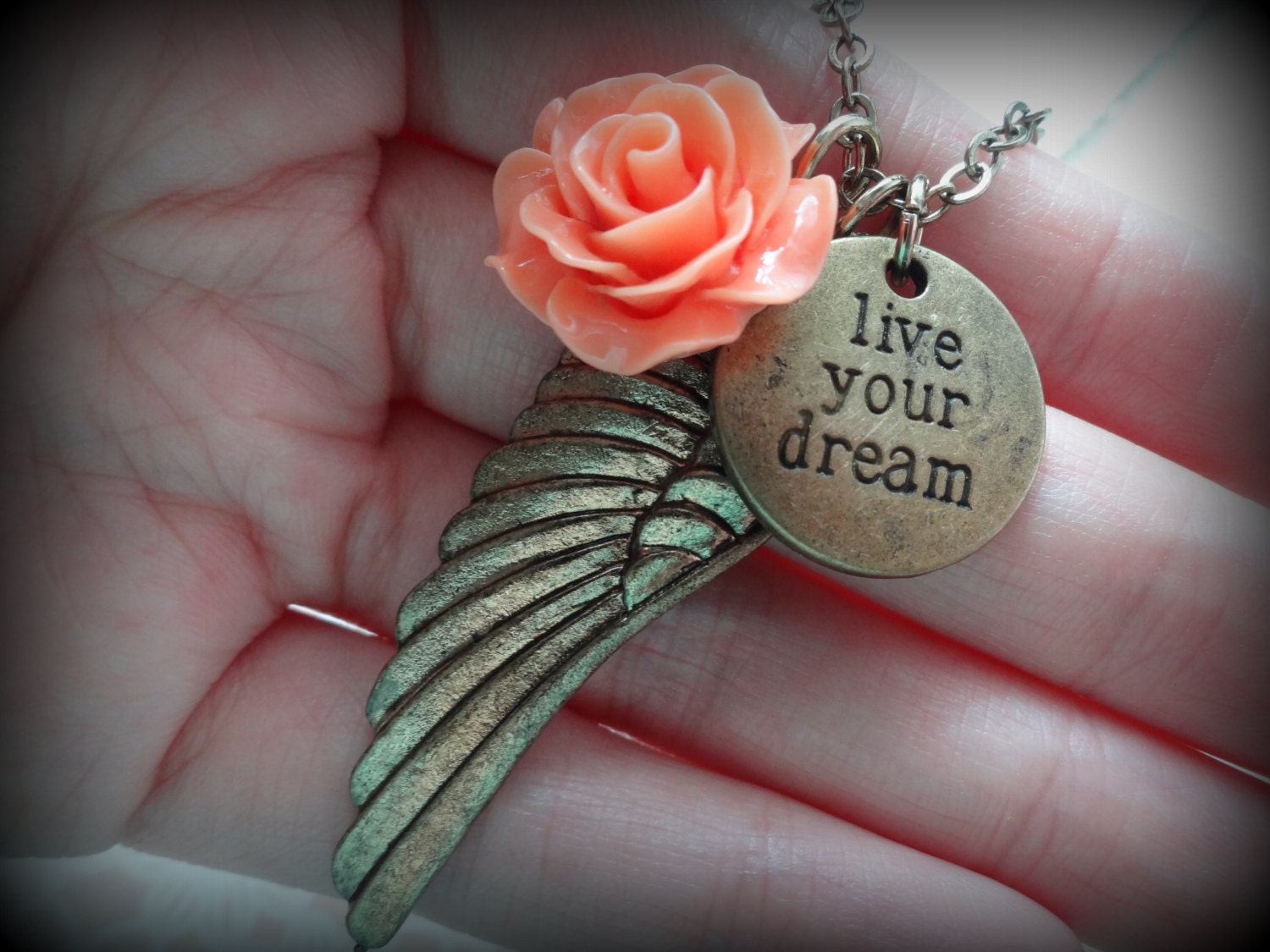Live Your Dream. Inspirational Necklace with Wing and Rose Charm.