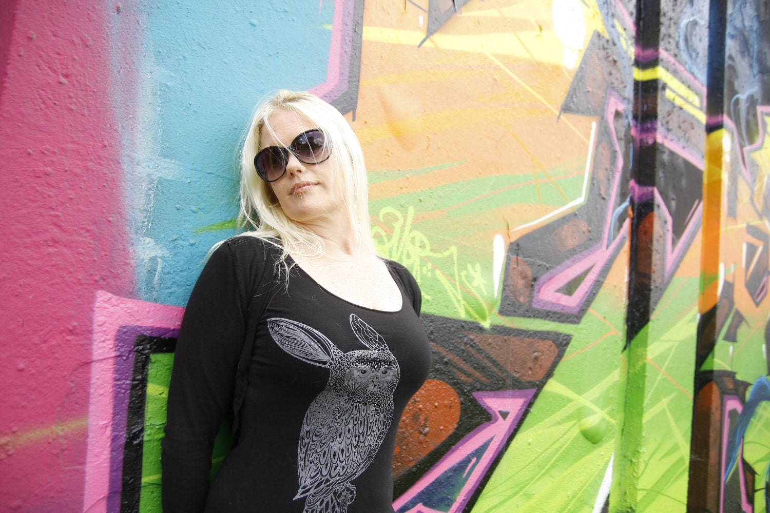 Rowl Rabbit Owl tshirt - eco-friendly silver ink screenprint on black cotton scoop neck - womens sizes S, M, L, XL