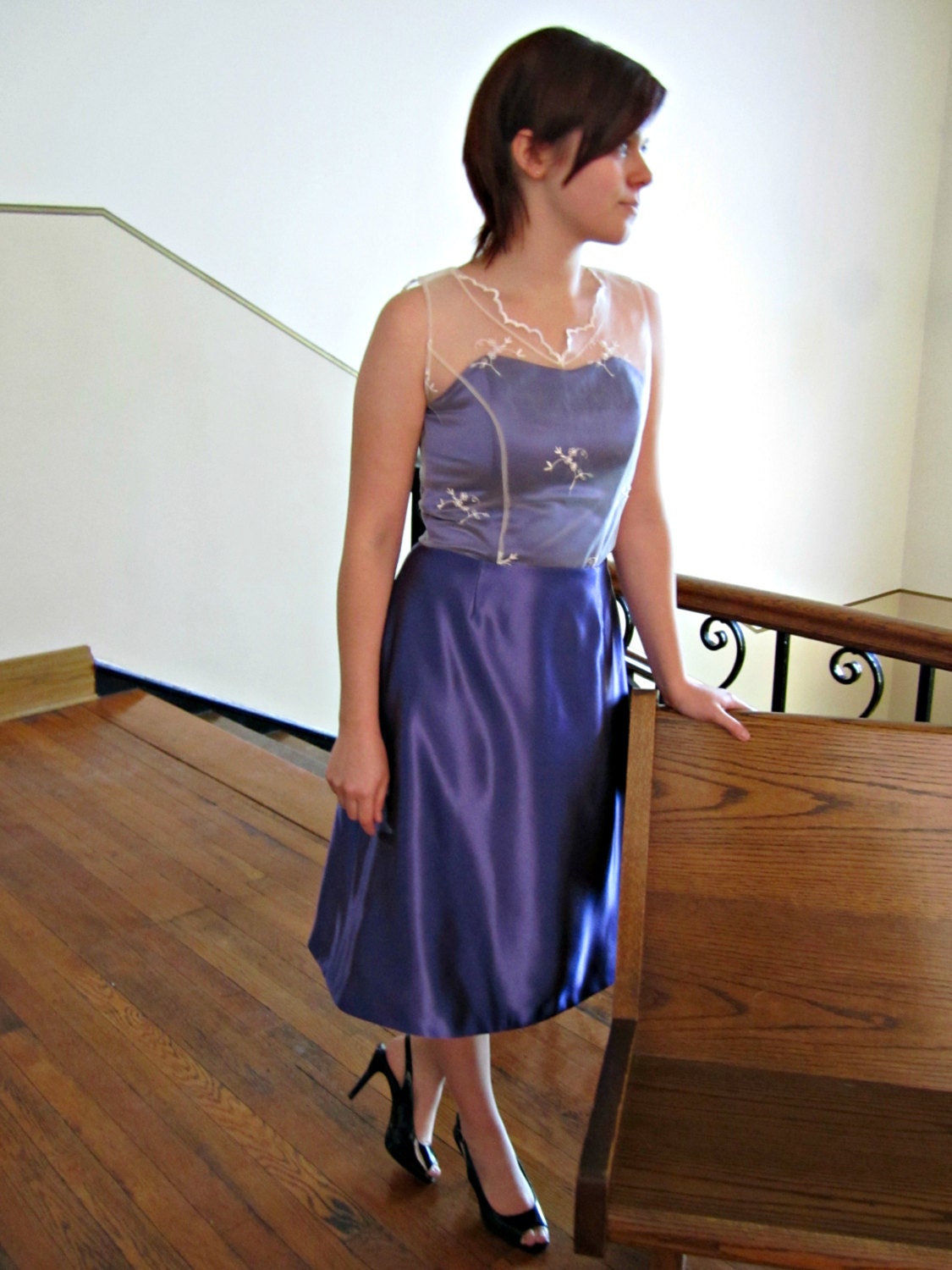 Vintage Inspired Party Dress, Modest Prom Dress, Short Prom Dress, Sweetheart Dress w/ V neck Overlay - CUSTOM MADE in any fabric