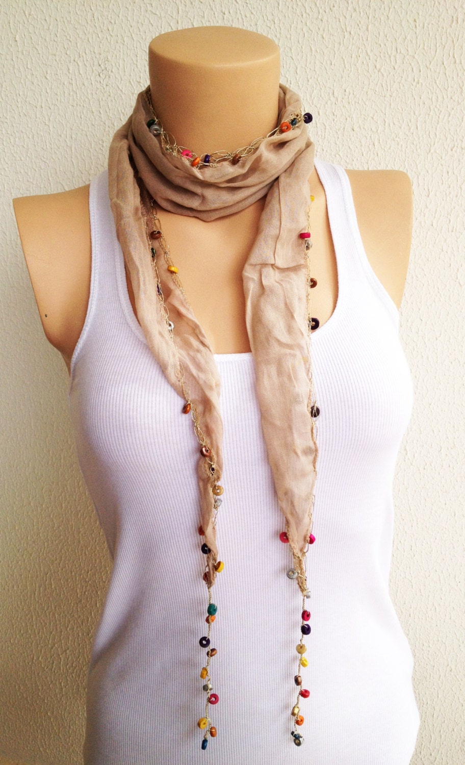 cream Natural Beige Cotton Scarf With Colorful Wooden Beads