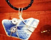 Blue & White Irish Beach Pottery - Wire Wrapped Pendant