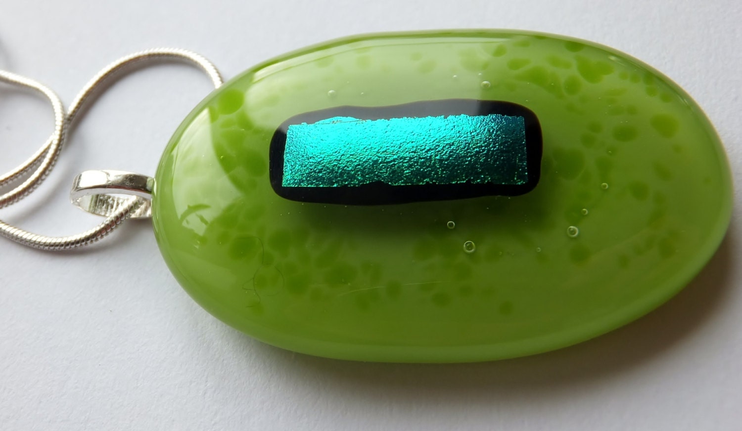 Soft Green necklace fused glass with dichroic blue green glass Irish Mist