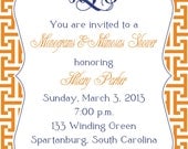 Orange Modern Invitation, Rehearsal Dinner, Monogram Shower or Party Invitation - Set of 12