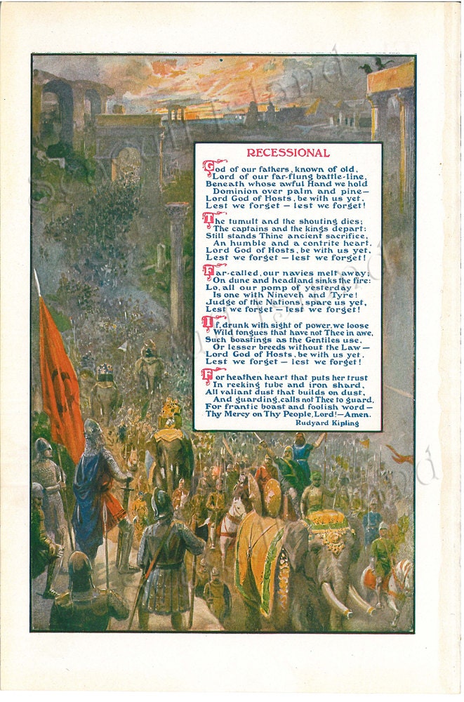 Rudyard Kipling's Recessional -  Vintage Book Plate - Poem
