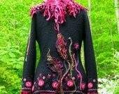 Long sweater Jacket with flowers and felted leaves. Size Medium. Ready to ship