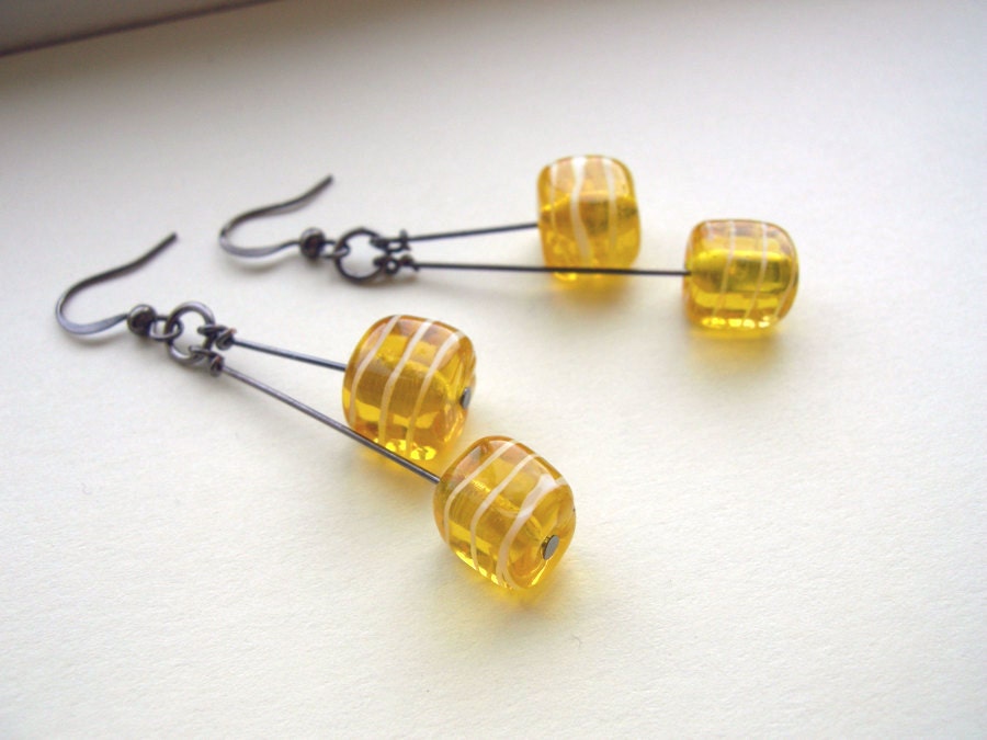 Modern Yellow Cube Lampwork Dangle Earrings - Lemon Meringue.