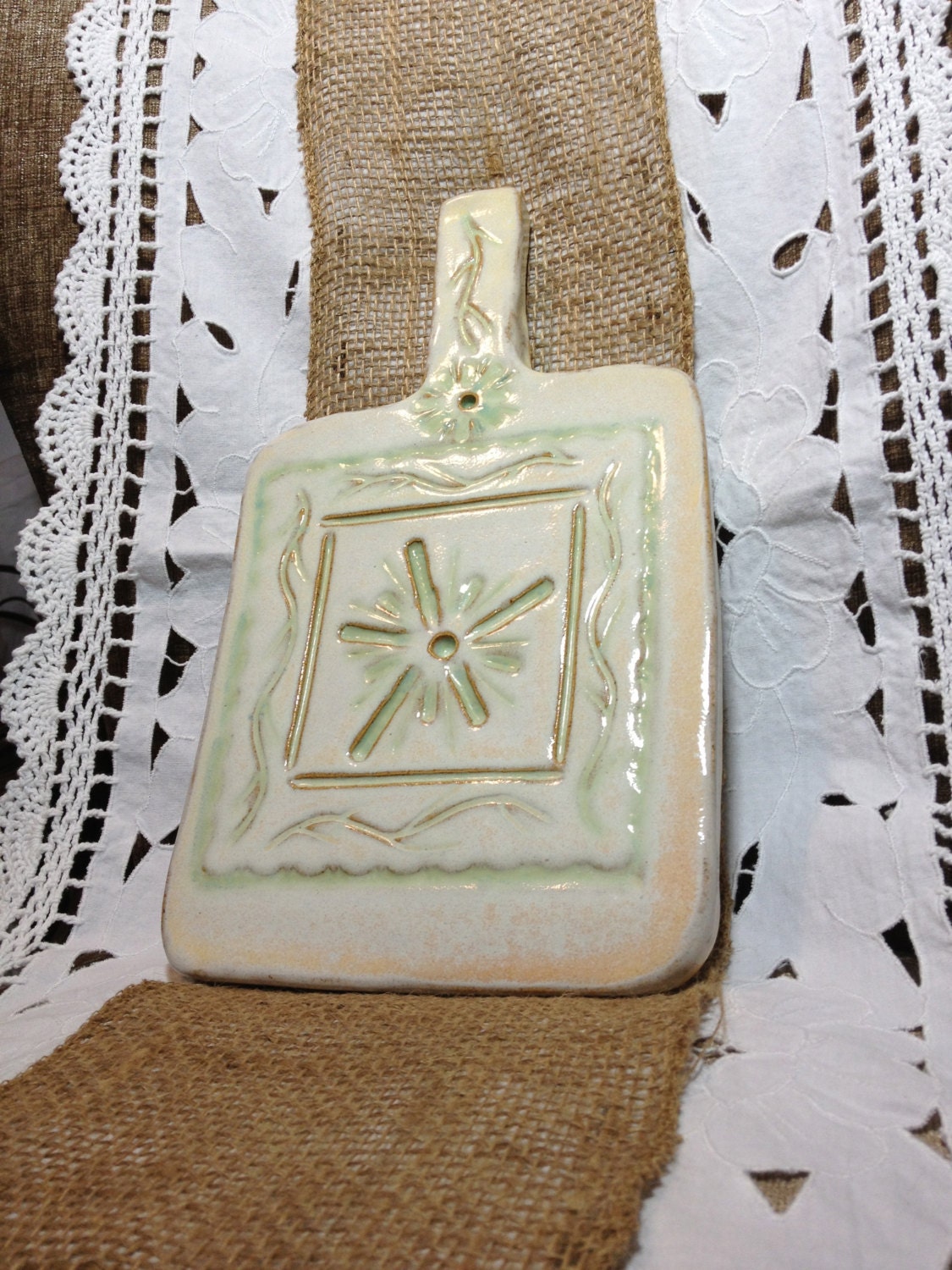Ceramic board - bread cheese cutting - cream and mint green - hand sculpted - unique kitchen decor
