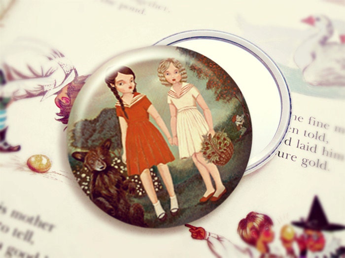 Pocket Mirror, Party Favor, Mirror, Compact, Bridesmaid Gift, Baby Shower, Birthday, Stocking Stuffer - Snow White & Rose Red