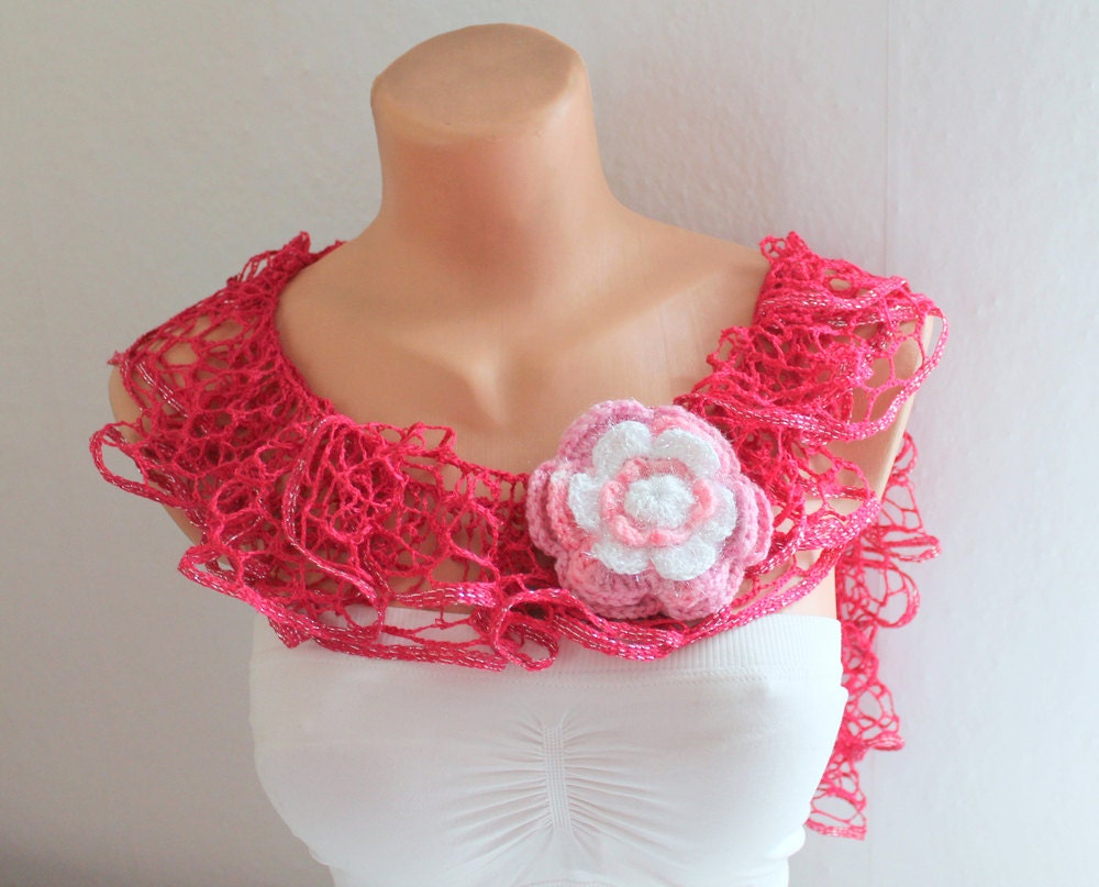 Fuchsia Lace Shades Funky Scarf with Pink Flower Removable Brooche