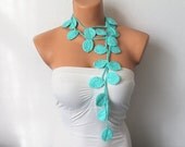 Tiffany Blue Teal Blue Leaf Scarf Crochet Lariat Scarf