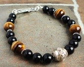 Black and Brown Gemstone Bead Bracelet for Men in Sterling Silver, Tiger Eye & Black Onyx Jewelry for Guys, Dad, Him