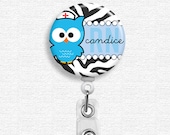 Badge Holder - Personalized Name - Owl Zebra Print Baby Blue, Owl Nurse, Retractable Badge Reel, Nurse Badge Holder