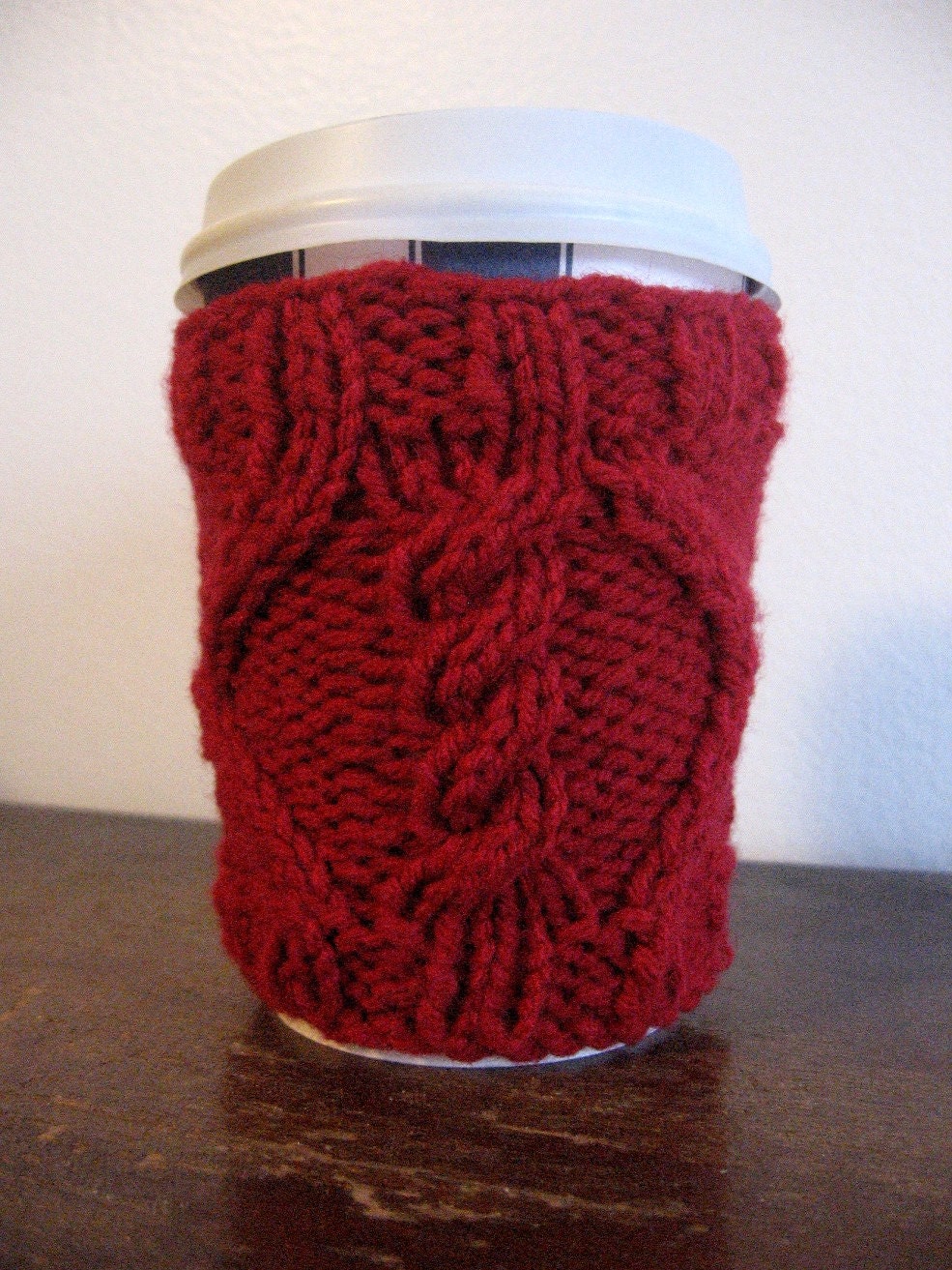 Cherry Red Cable in Diamond Knit Coffee Cup Cozy Red Coffee Sleeve