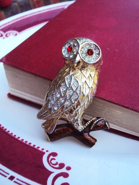 Vintage Owl Brooch Painted Enamel and Rhinestones Ruby Red Eyes