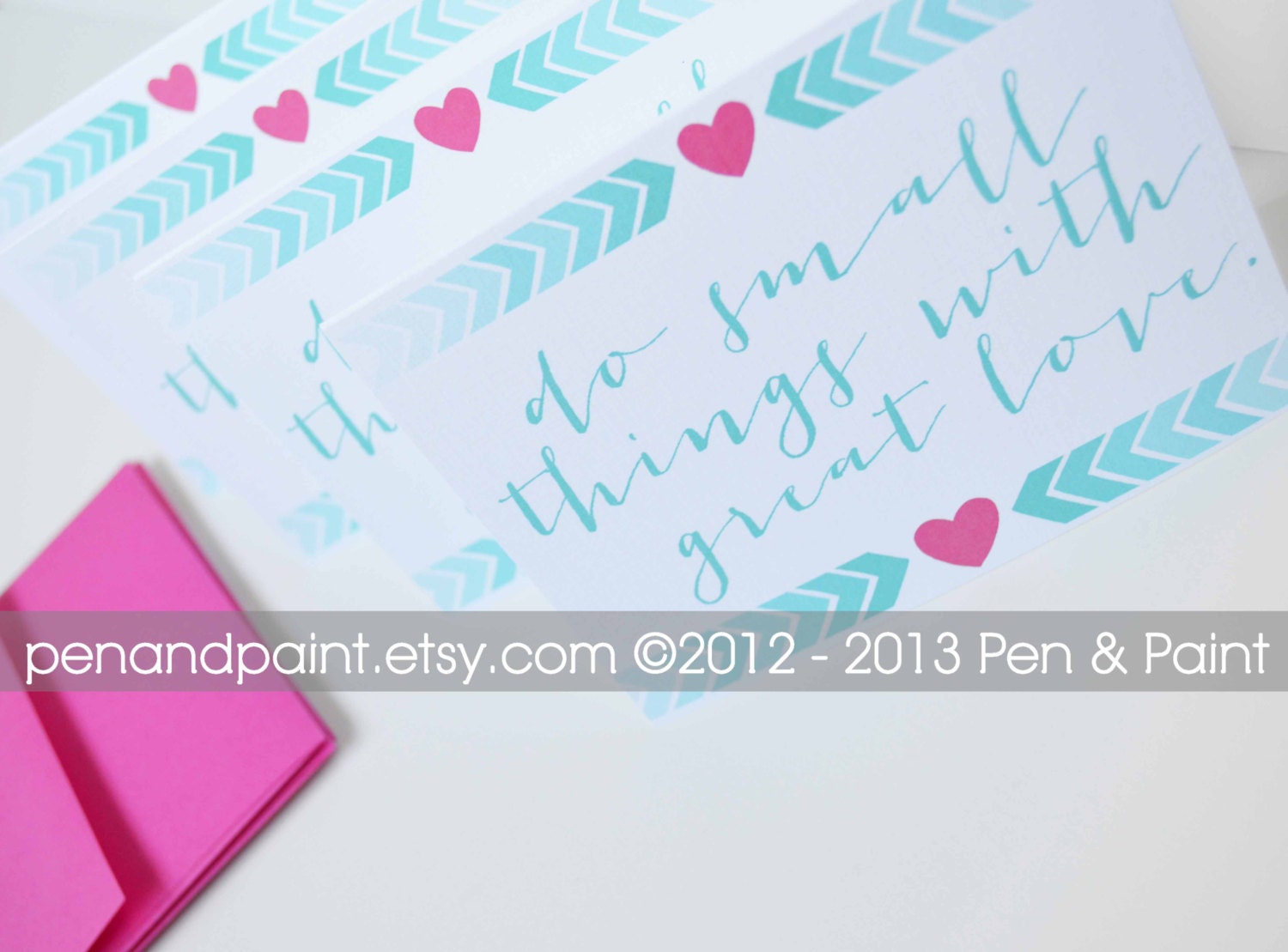 Valentines, Set of Four Folded Note Cards, Do Small Things With Great Love, Stationery, Illustration, Chevron, Heart 4.25 x 5.5 inches
