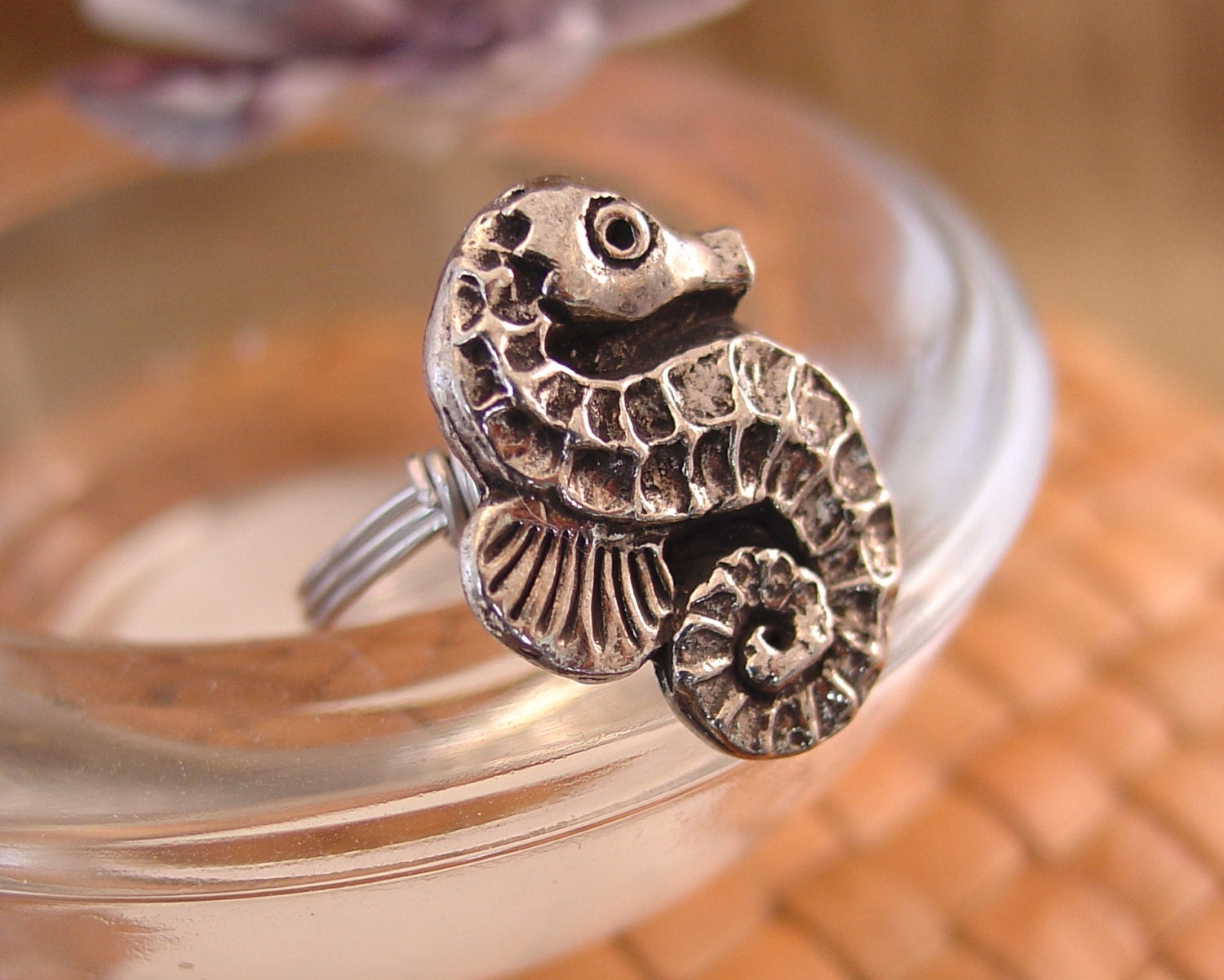 Pewter Sea Horse Button Ring on Sterling Silver Wire - Made to Order - Any Size