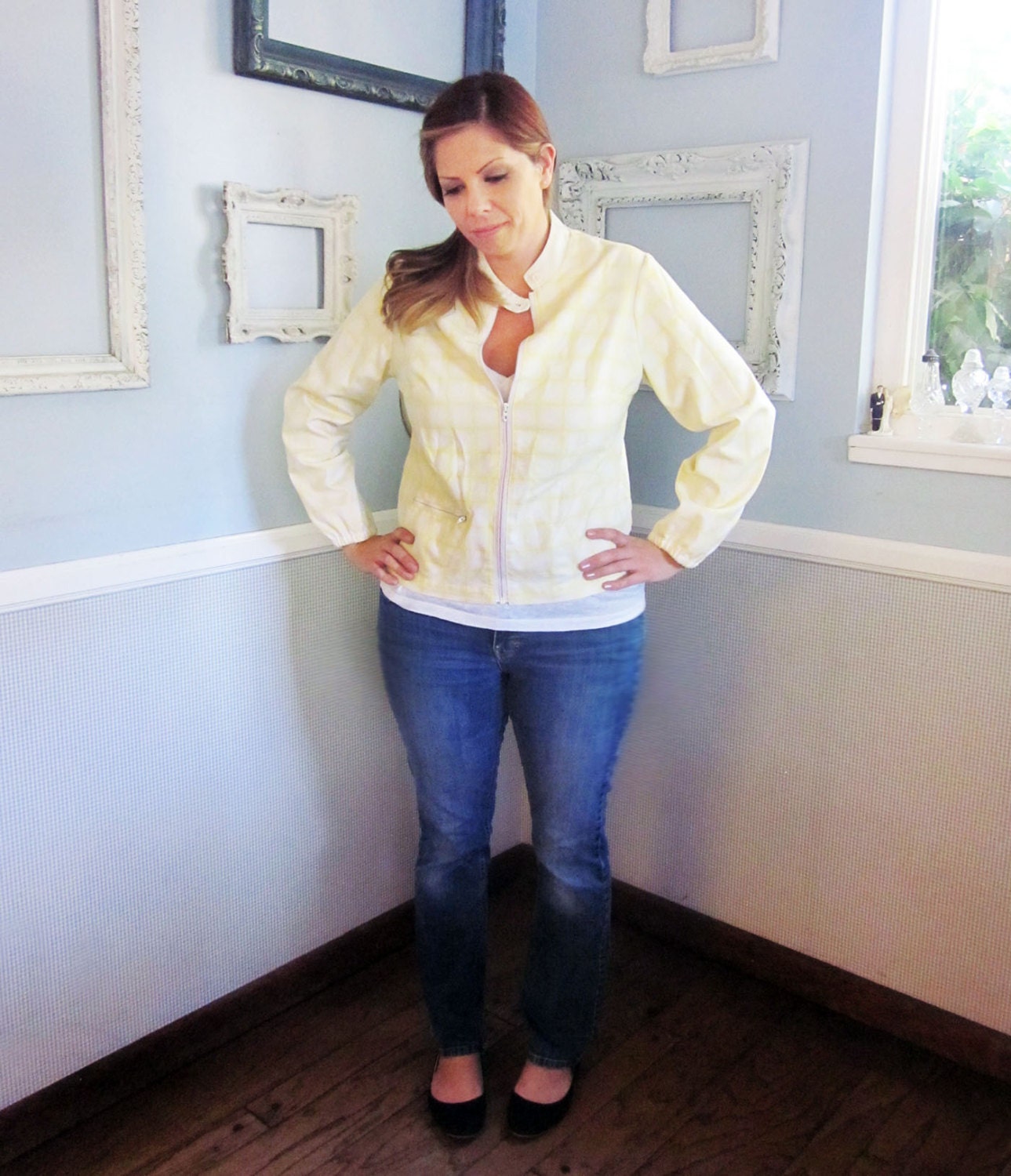 Vintage Bomber Jacket //50s Yellow and White Plaid Windbreaker // Size Medium