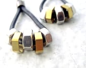 Hardware Earrings Hex Nut Earrings Dangle Earrings Mixed Metal Earrings Leather Earrings