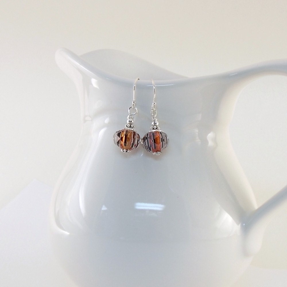 Red Black Earrings White Stripe Faceted Rondelles Sterling Silver  Beaded Handmade Wire  Earrings